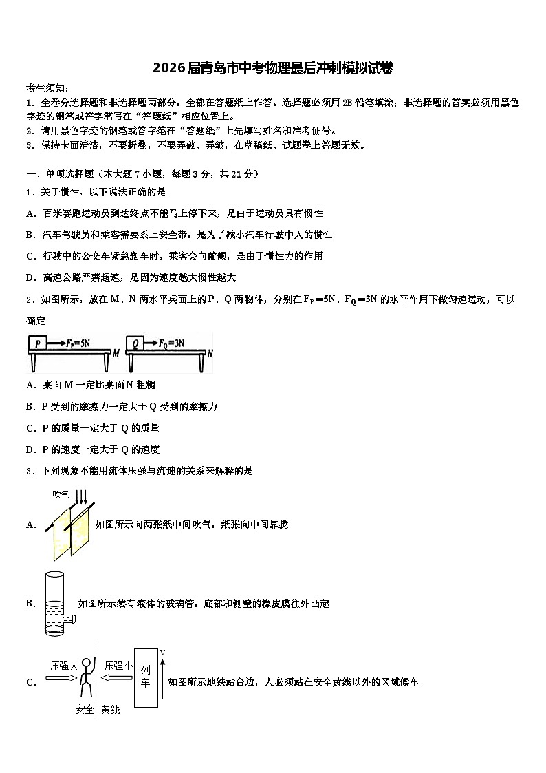 2026届青岛市中考物理最后冲刺模拟试卷（含答案解析）第1页