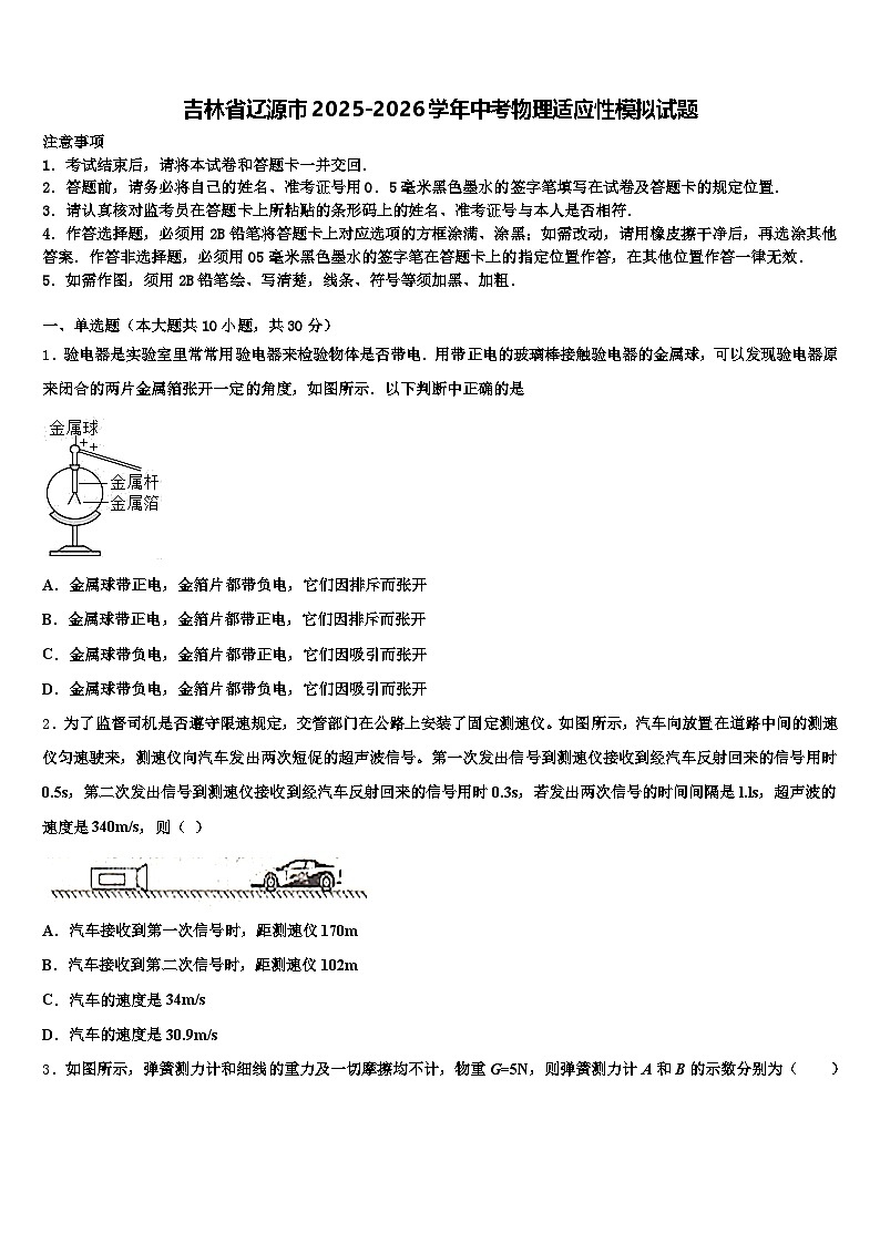 吉林省辽源市2025-2026学年中考物理适应性模拟试题（含答案解析）第1页