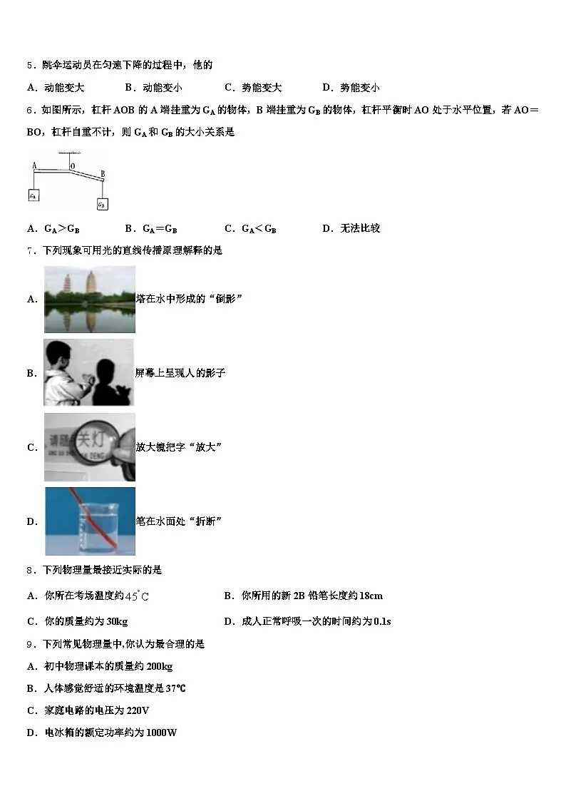 2025-2026学年浙江省嘉兴市初中物理毕业考试模拟冲刺卷（含答案解析）第2页