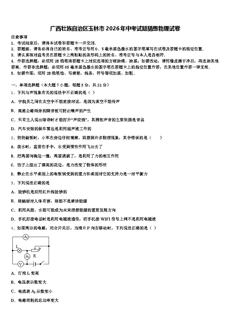 广西壮族自治区玉林市2026年中考试题猜想物理试卷（含答案解析）第1页