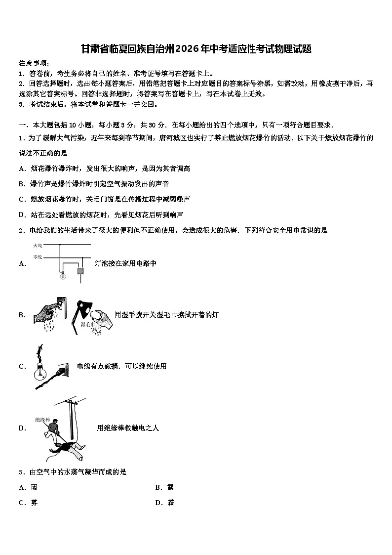 甘肃省临夏回族自治州2026年中考适应性考试物理试题（含答案解析）第1页