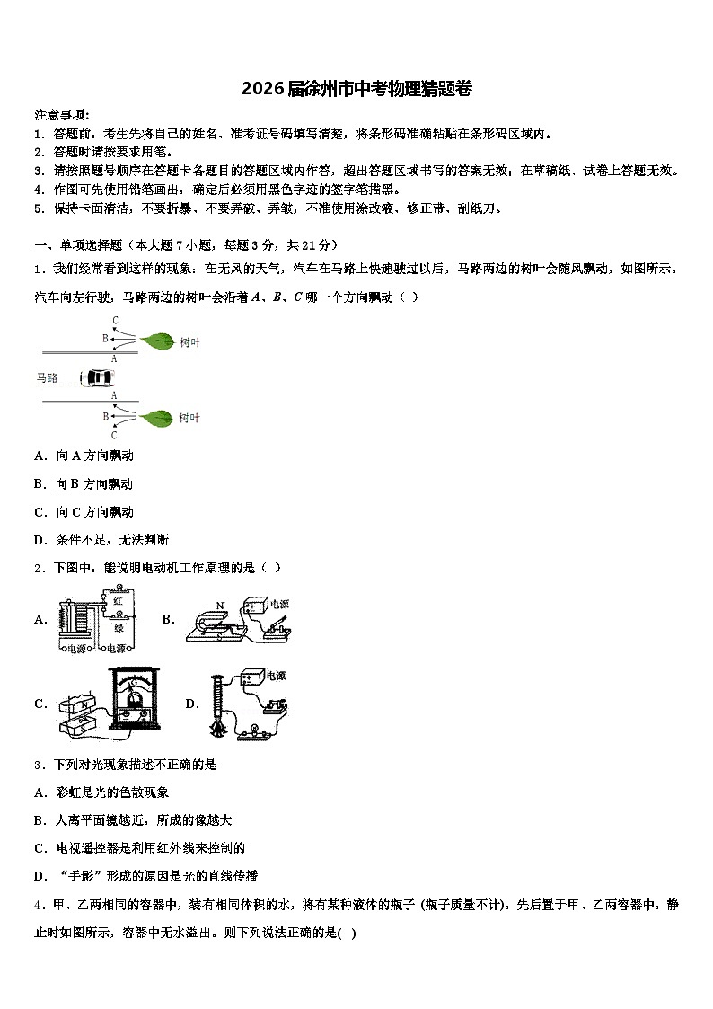 2026届徐州市中考物理猜题卷（含答案解析）第1页