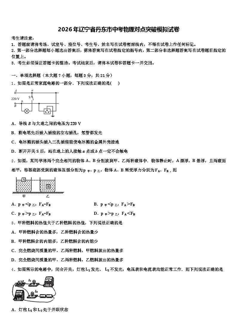 2026年辽宁省丹东市中考物理对点突破模拟试卷（含答案解析）第1页