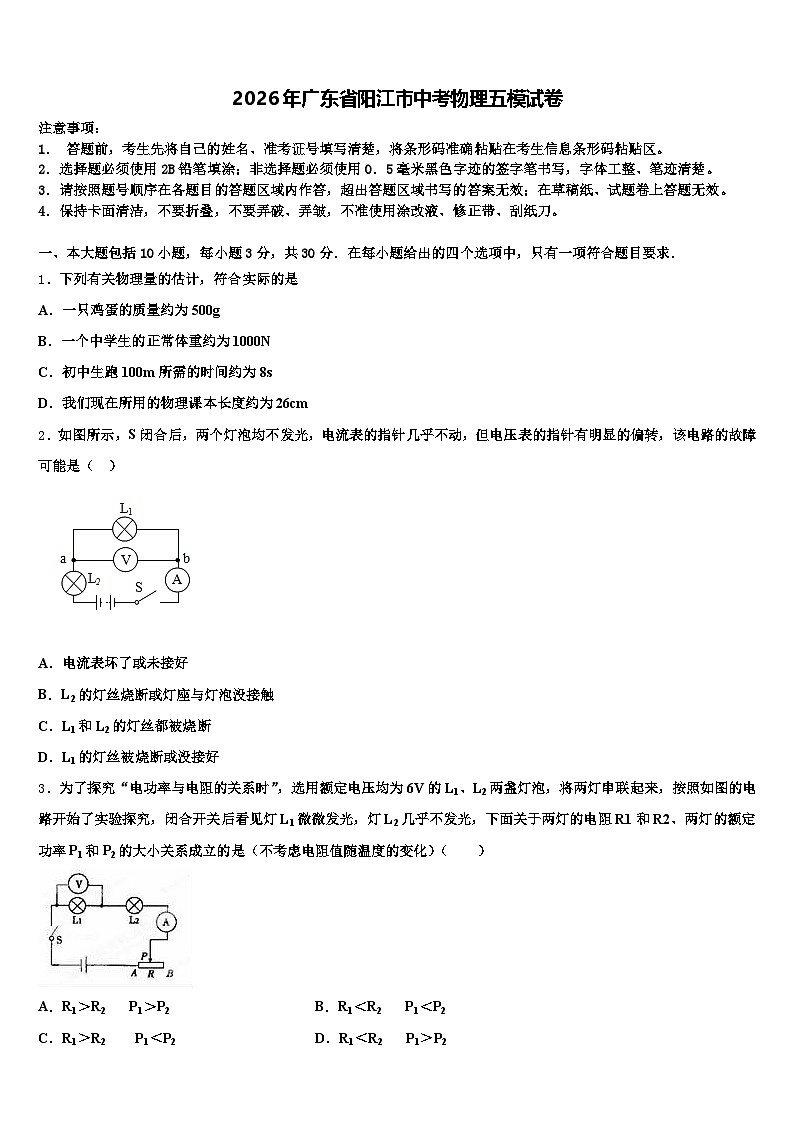 2026年广东省阳江市中考物理五模试卷（含答案解析）第1页