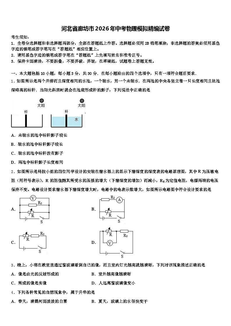 河北省廊坊市2026年中考物理模拟精编试卷（含答案解析）第1页