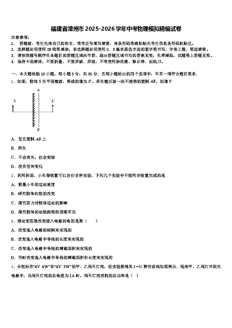 福建省漳州市2025-2026学年中考物理模拟精编试卷（含答案解析）第1页