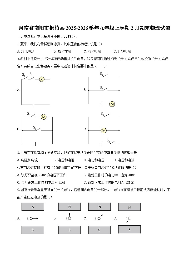 河南省南阳市桐柏县2025-2026学年九年级上学期2月期末物理试题-自定义类型第1页