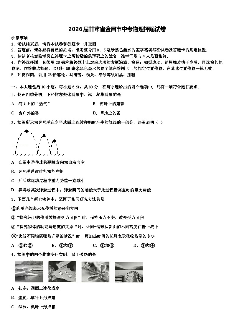 2026届甘肃省金昌市中考物理押题试卷（含答案解析）第1页