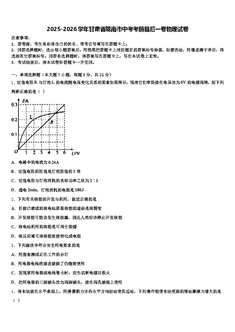 2025-2026学年甘肃省陇南市中考考前最后一卷物理试卷（含答案解析）第1页