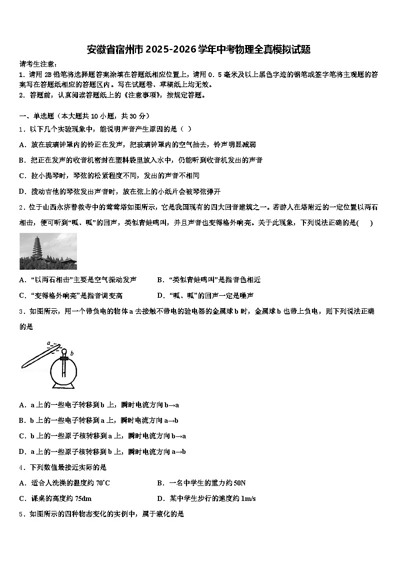 安徽省宿州市2025-2026学年中考物理全真模拟试题（含答案解析）第1页