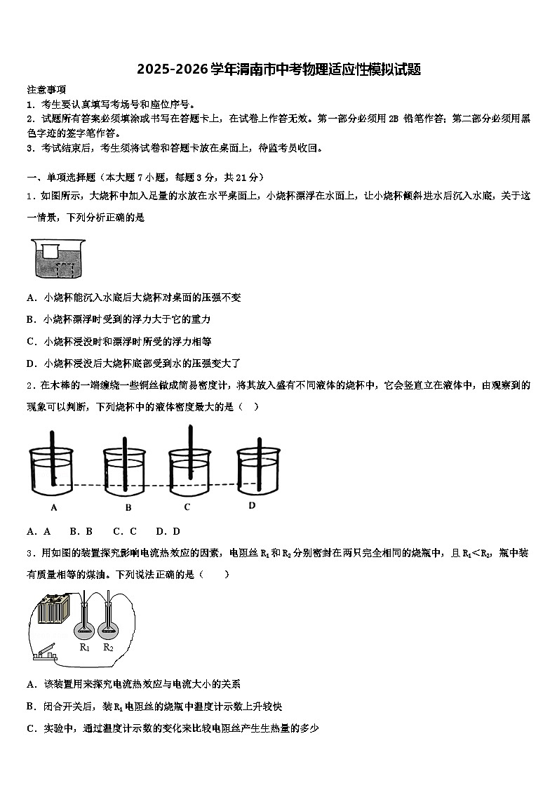 2025-2026学年渭南市中考物理适应性模拟试题（含答案解析）第1页