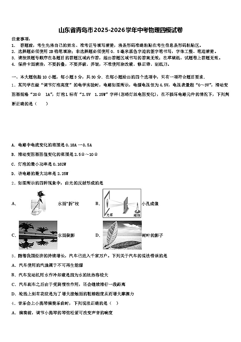 山东省青岛市2025-2026学年中考物理四模试卷（含答案解析）第1页