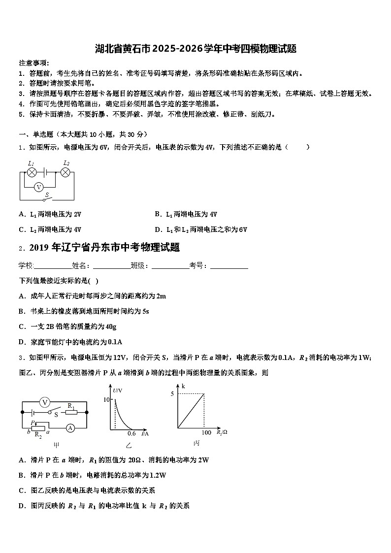 湖北省黄石市2025-2026学年中考四模物理试题（含答案解析）第1页
