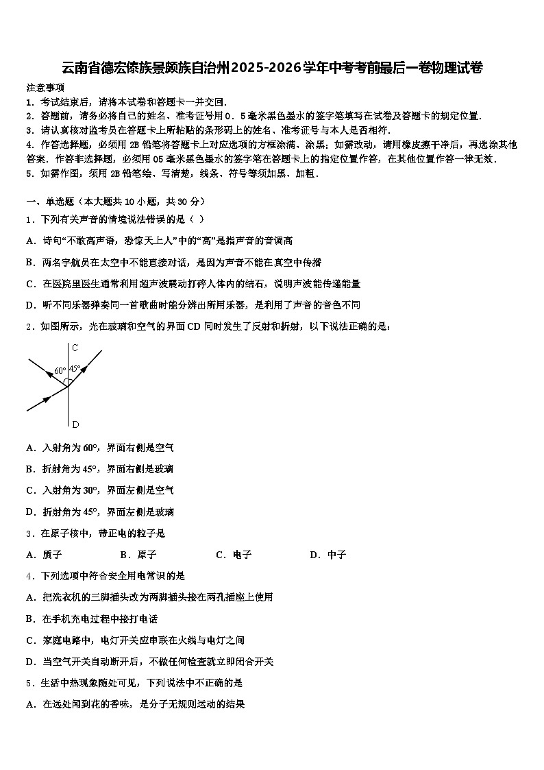 云南省德宏傣族景颇族自治州2025-2026学年中考考前最后一卷物理试卷（含答案解析）第1页