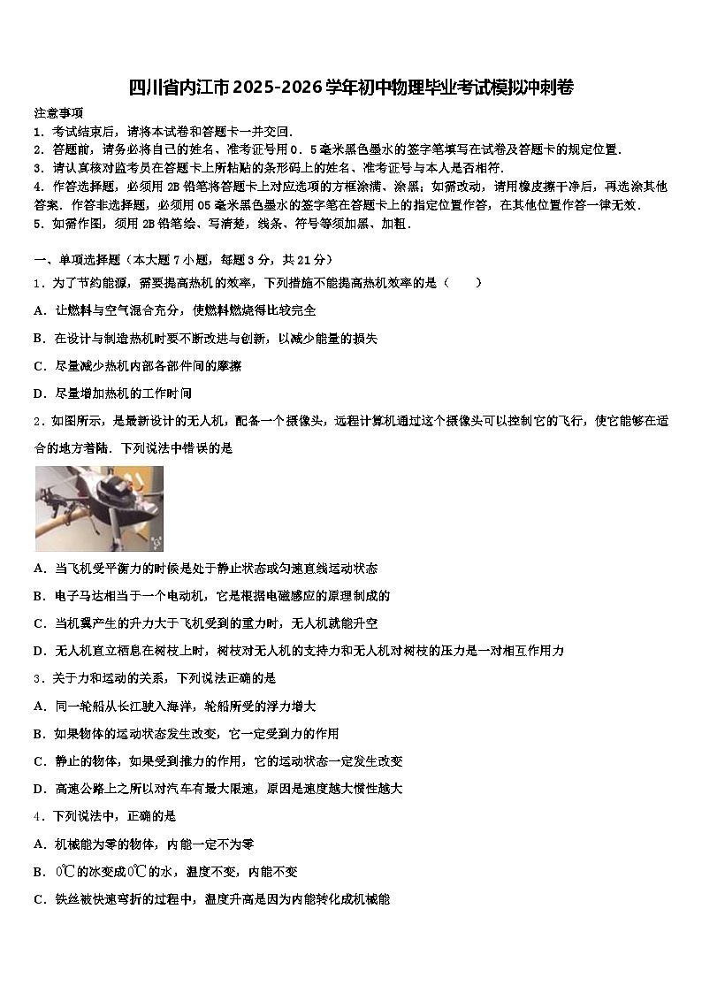 四川省内江市2025-2026学年初中物理毕业考试模拟冲刺卷（含答案解析）第1页