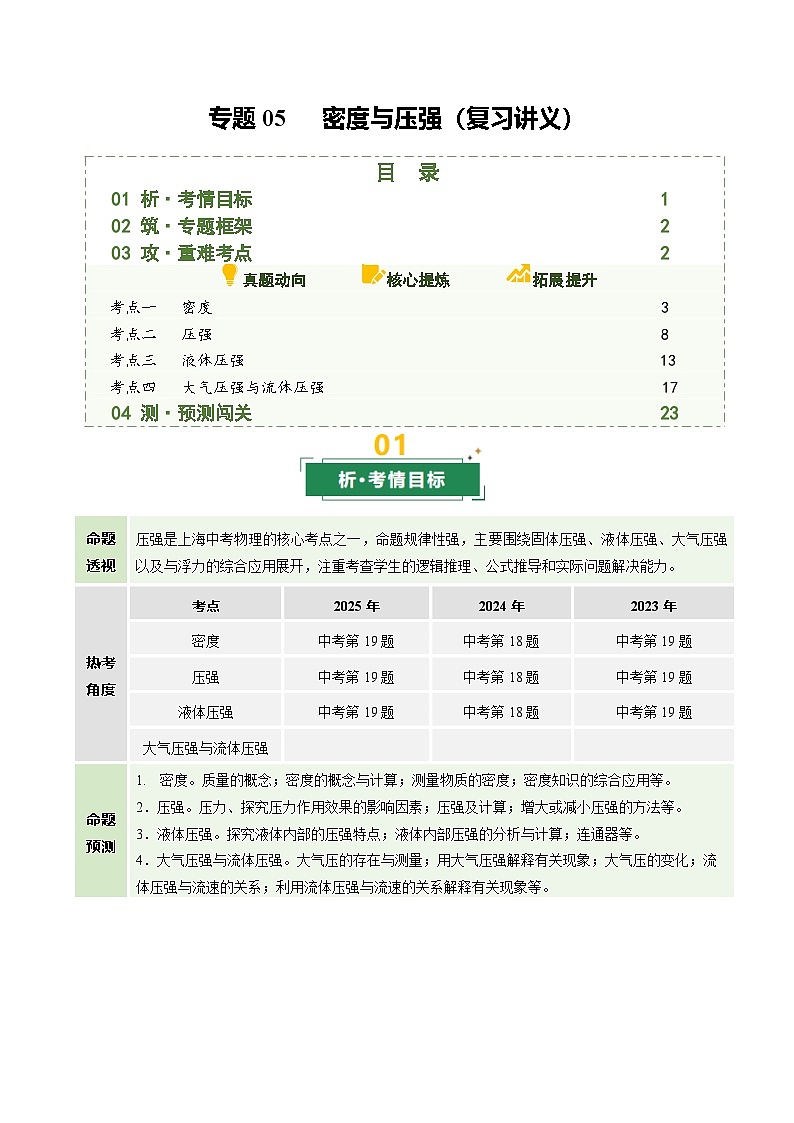 专题05 密度与压强（复习讲义）（上海专用）（原卷版）第1页