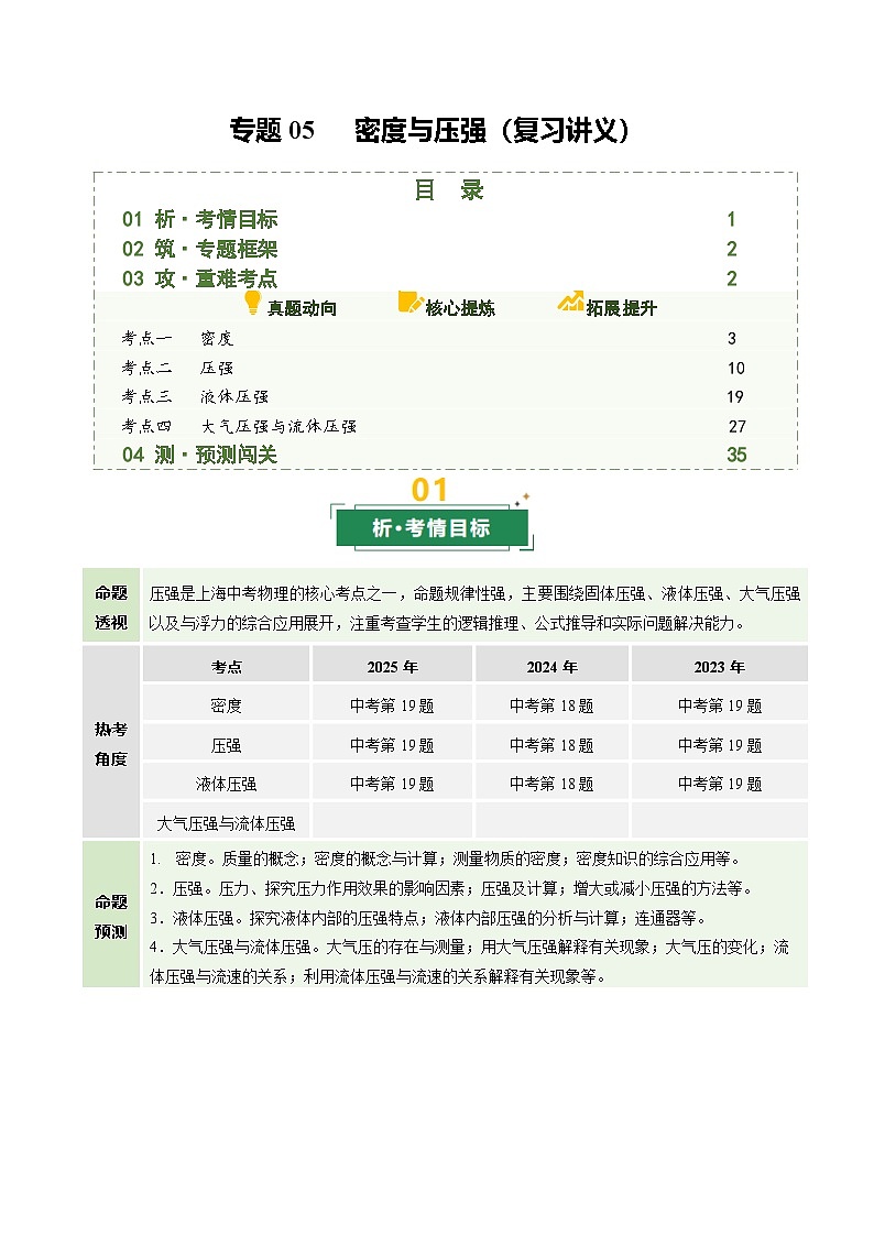 专题05 密度与压强（复习讲义）（上海专用）（解析版）第1页