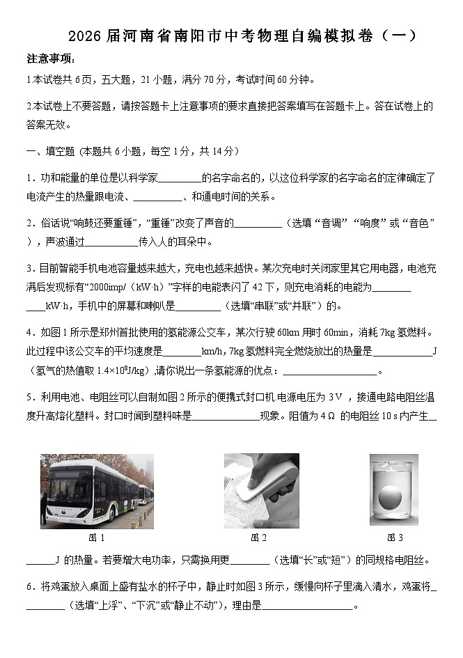 2026届河南省南阳市中考物理自编模拟卷（一）第1页