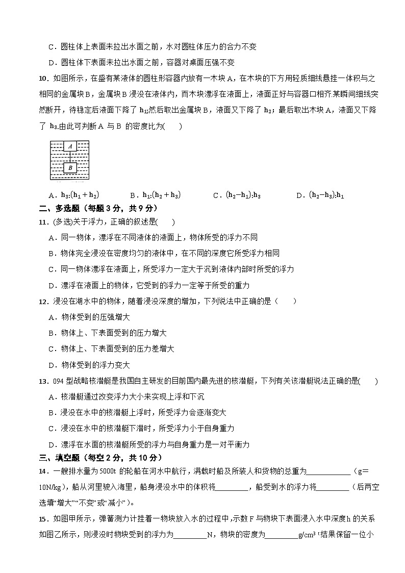 八年级物理下学期第九章《浮力》单元测试卷（一）沪科版（含解析）第3页