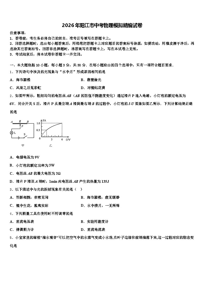2026年阳江市中考物理模拟精编试卷（含答案解析）第1页