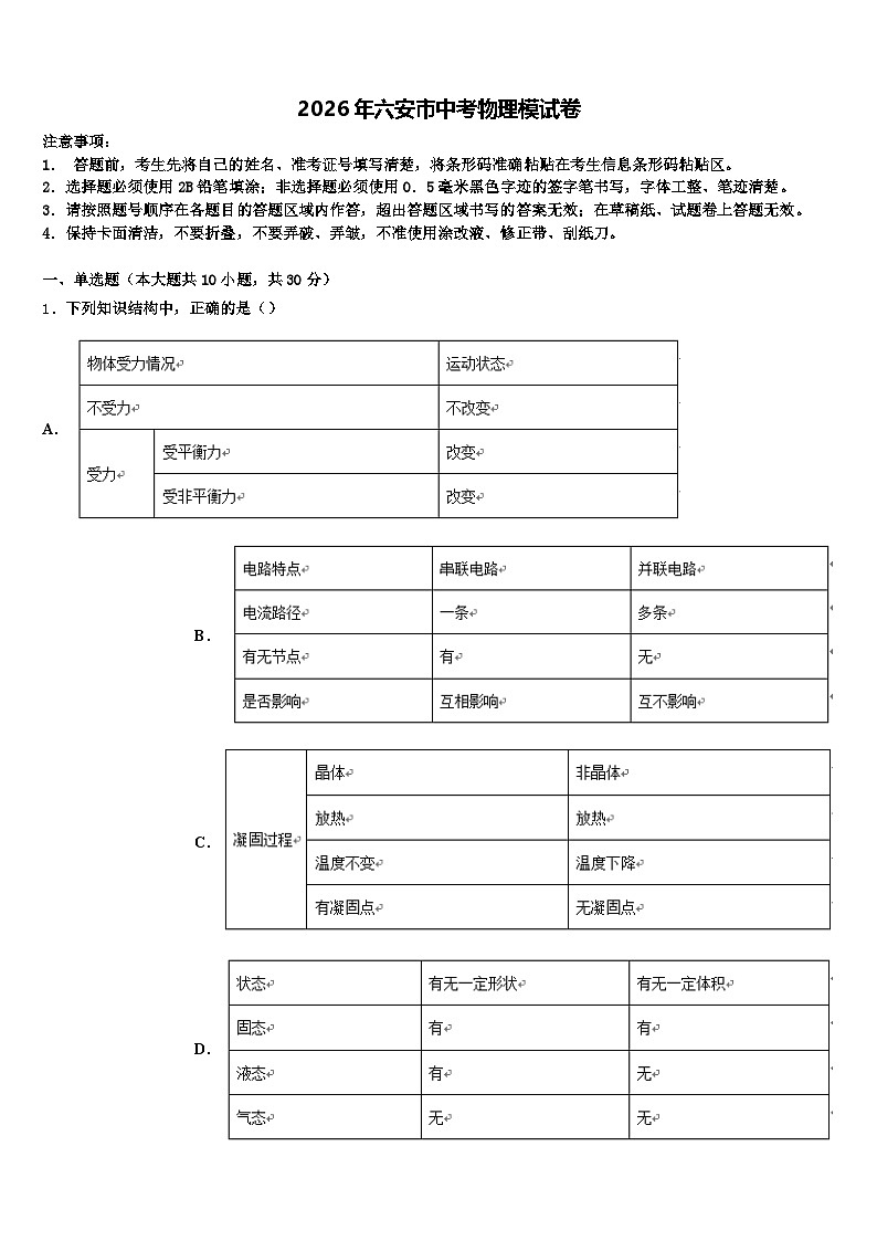 2026年六安市中考物理模试卷（含答案解析）第1页