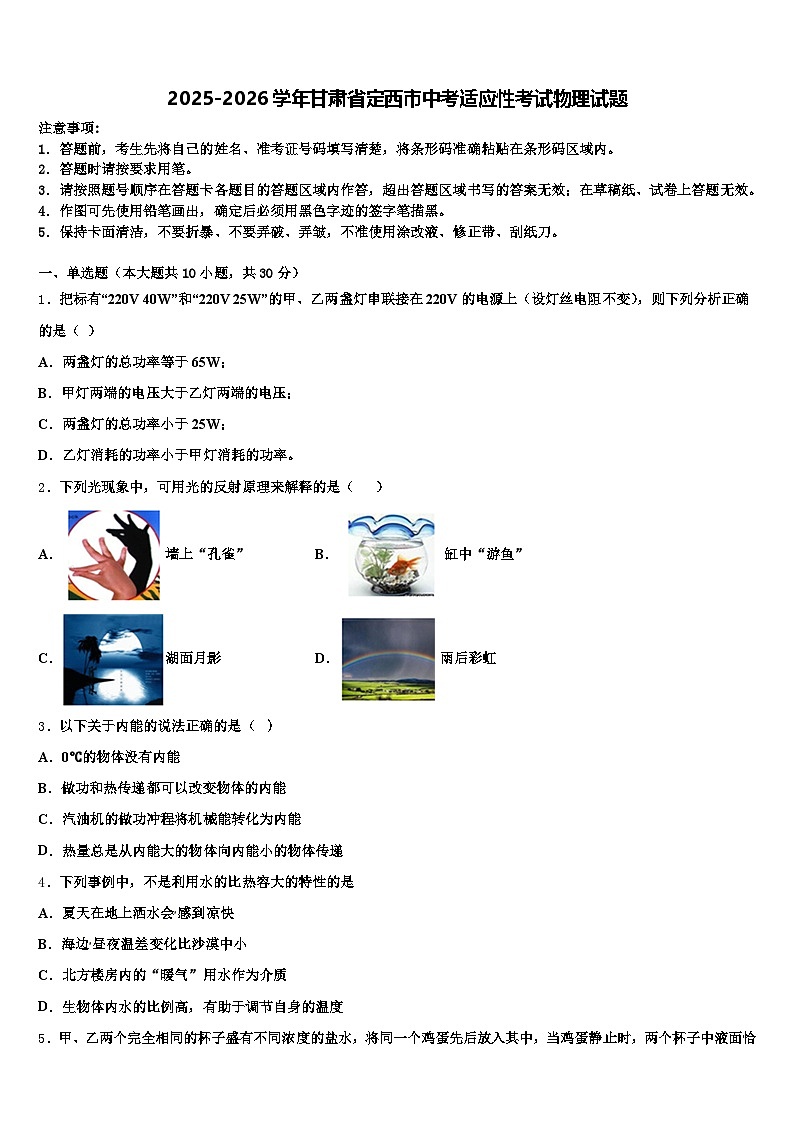 2025-2026学年甘肃省定西市中考适应性考试物理试题（含答案解析）第1页