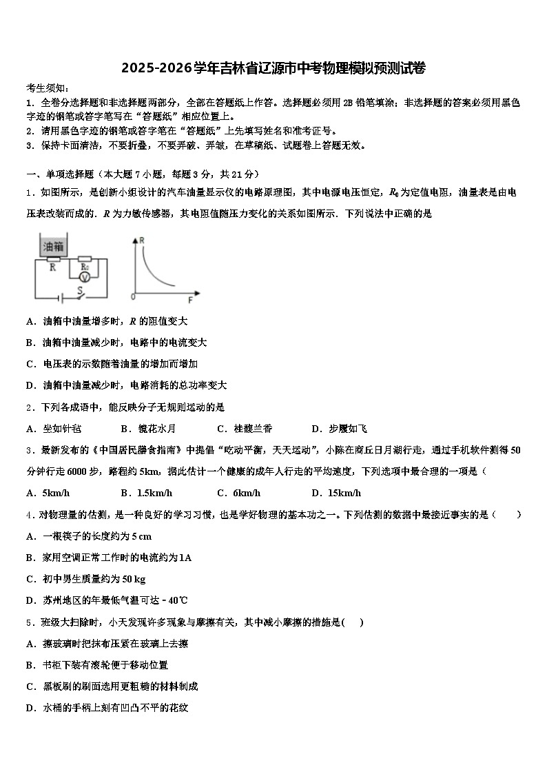 2025-2026学年吉林省辽源市中考物理模拟预测试卷（含答案解析）第1页
