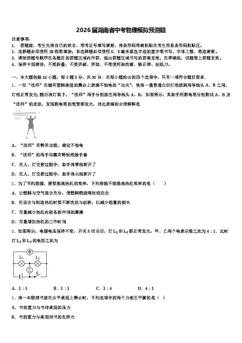 2026届湖南省中考物理模拟预测题（含答案解析）第1页