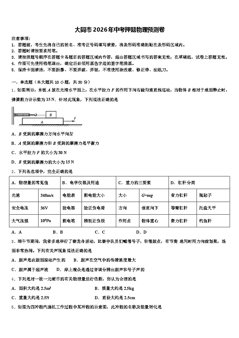 大同市2026年中考押题物理预测卷（含答案解析）第1页