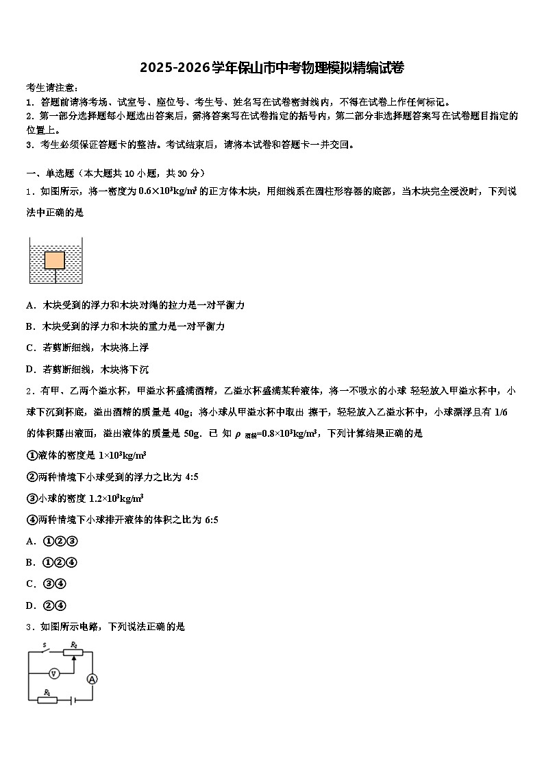 2025-2026学年保山市中考物理模拟精编试卷（含答案解析）第1页
