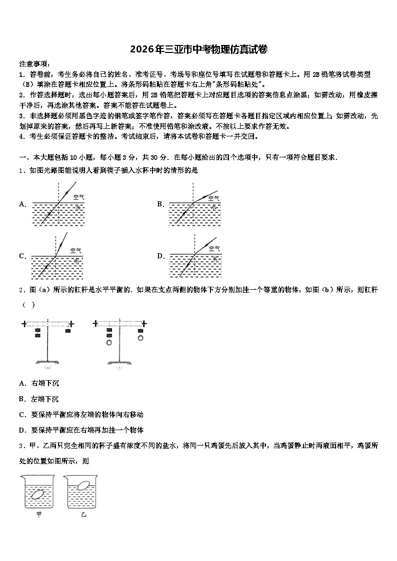 2026年三亚市中考物理仿真试卷（含答案解析）第1页