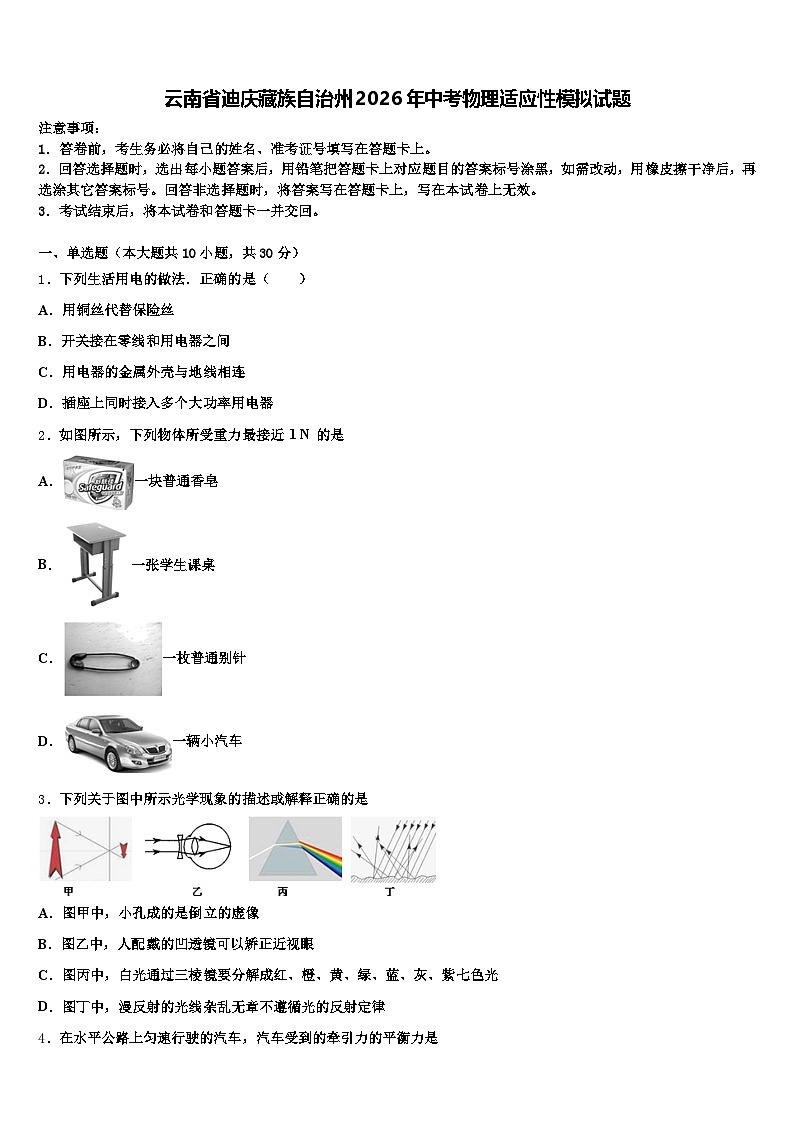 云南省迪庆藏族自治州2026年中考物理适应性模拟试题（含答案解析）第1页