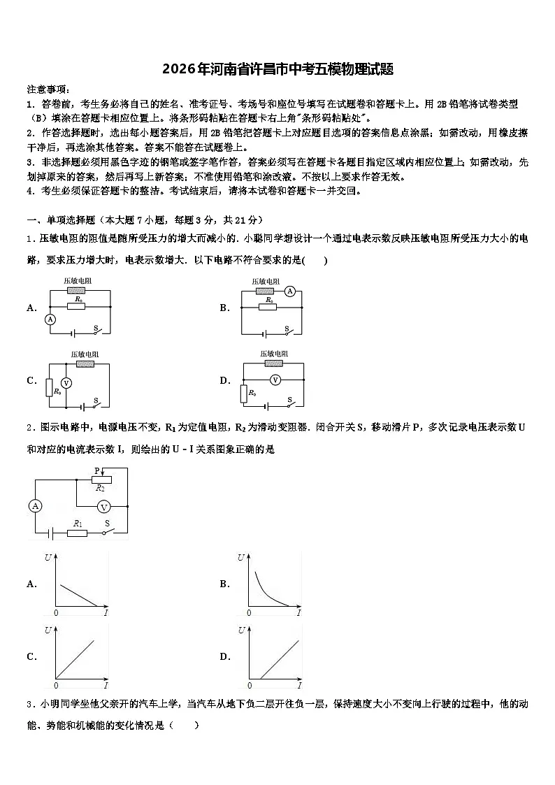 2026年河南省许昌市中考五模物理试题（含答案解析）第1页