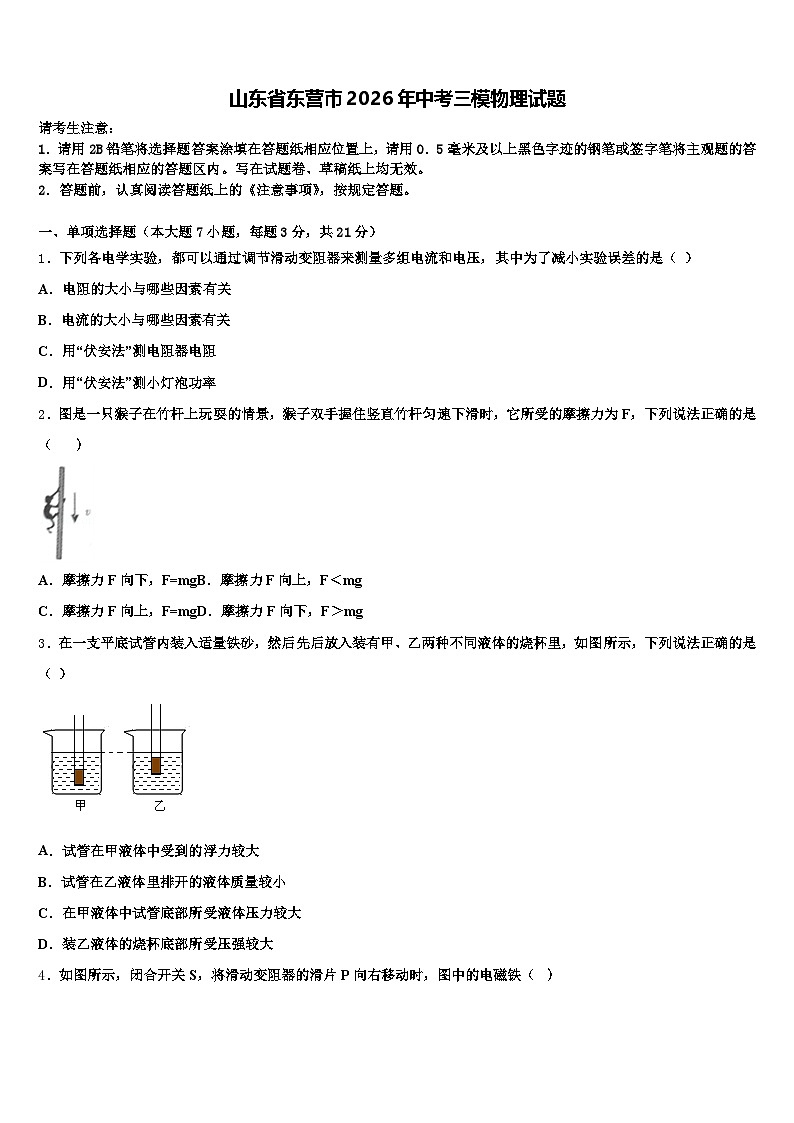山东省东营市2026年中考三模物理试题（含答案解析）第1页