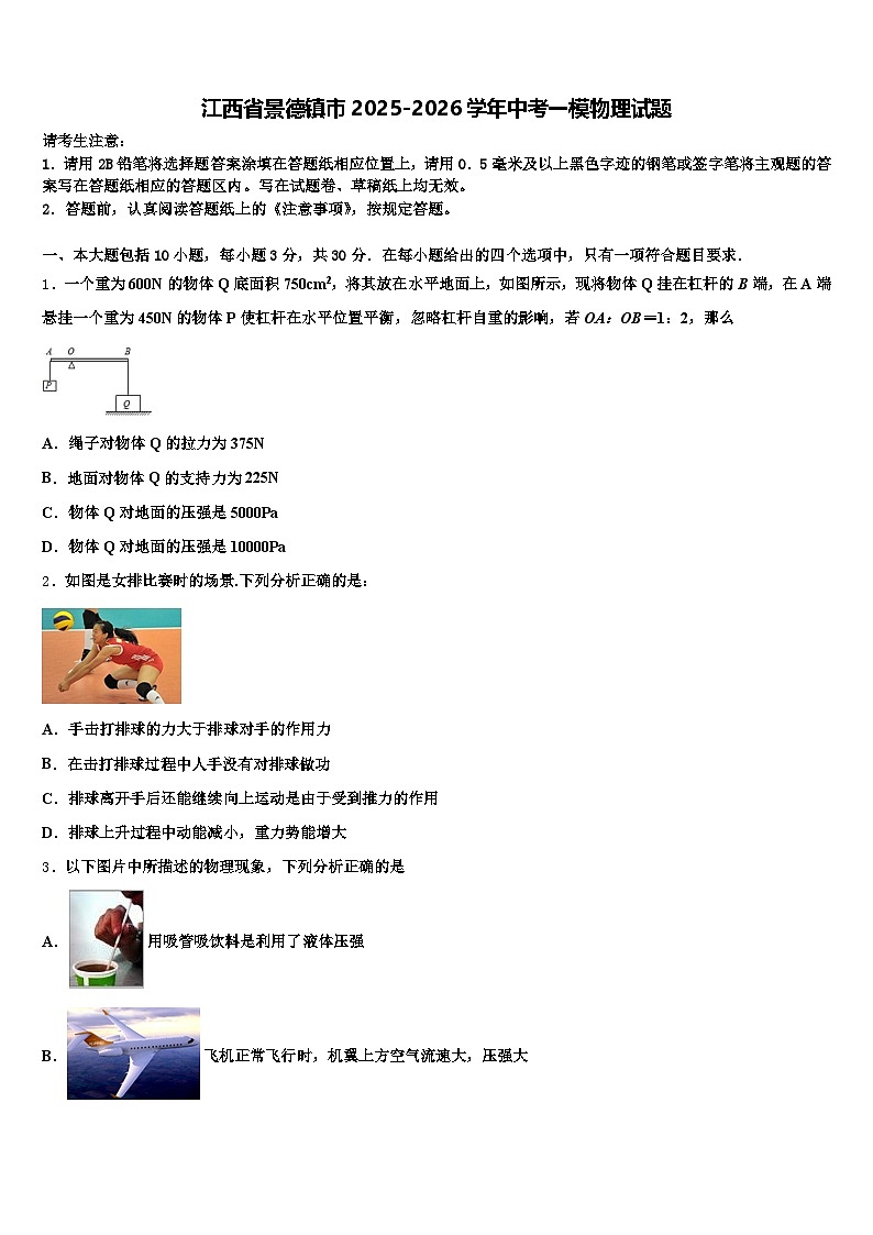 江西省景德镇市2025-2026学年中考一模物理试题（含答案解析）第1页
