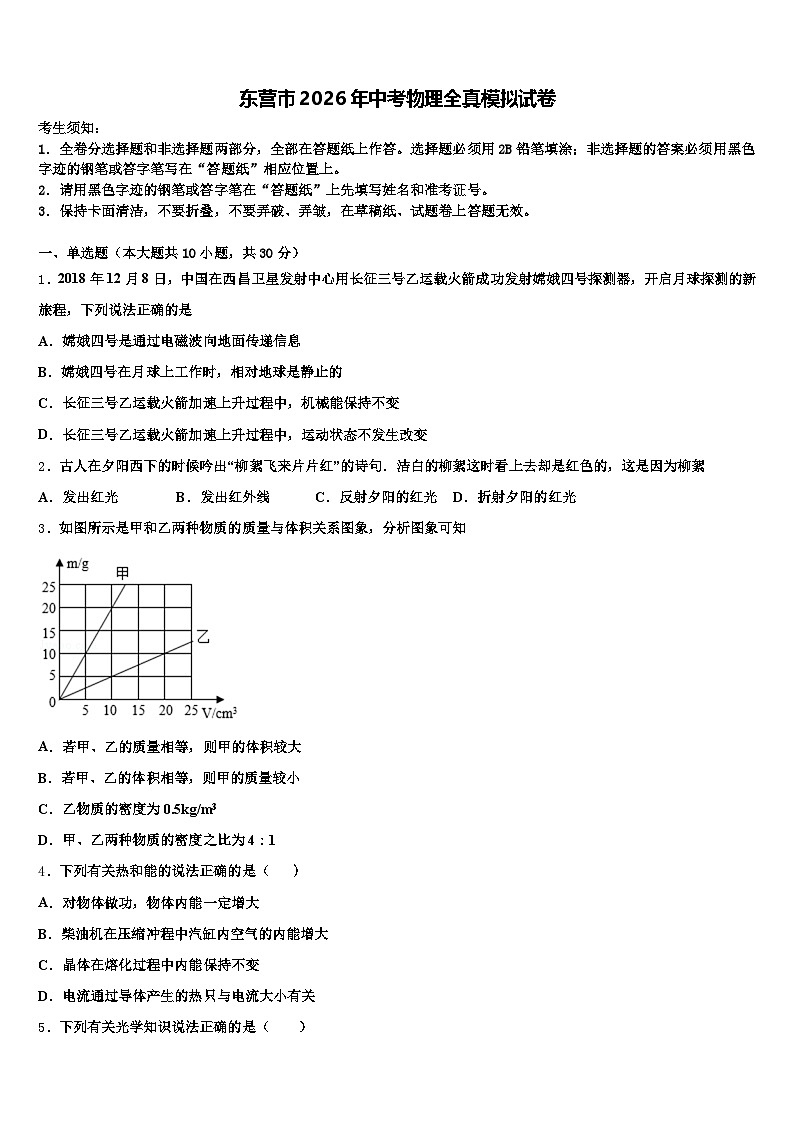 东营市2026年中考物理全真模拟试卷（含答案解析）第1页