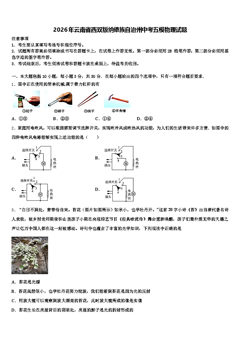 2026年云南省西双版纳傣族自治州中考五模物理试题（含答案解析）第1页