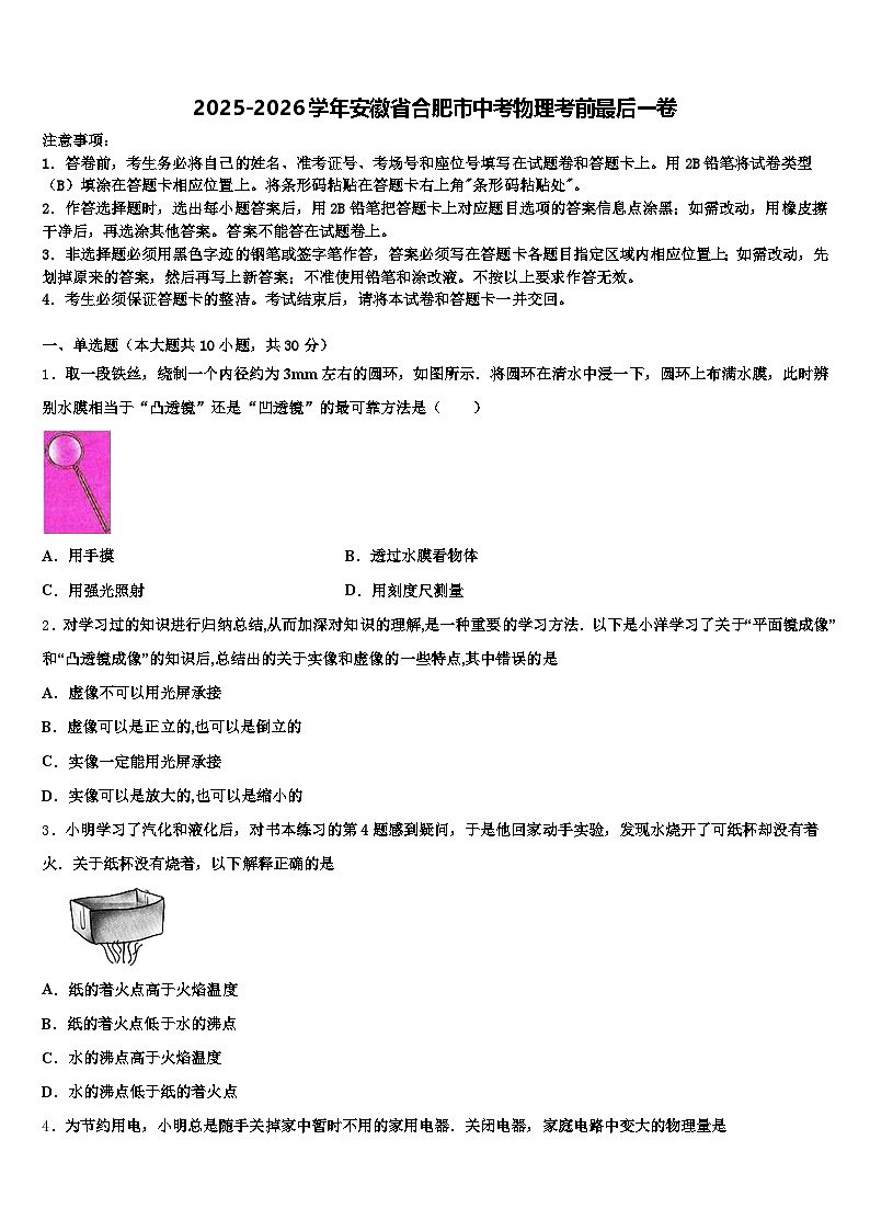 2025-2026学年安徽省合肥市中考物理考前最后一卷（含答案解析）第1页