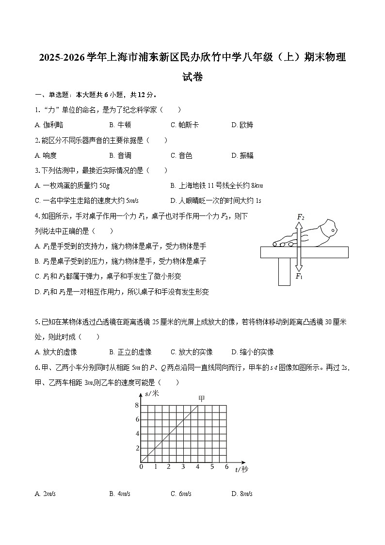 2025-2026学年上海市浦东新区民办欣竹中学八年级（上）期末物理试卷-自定义类型第1页