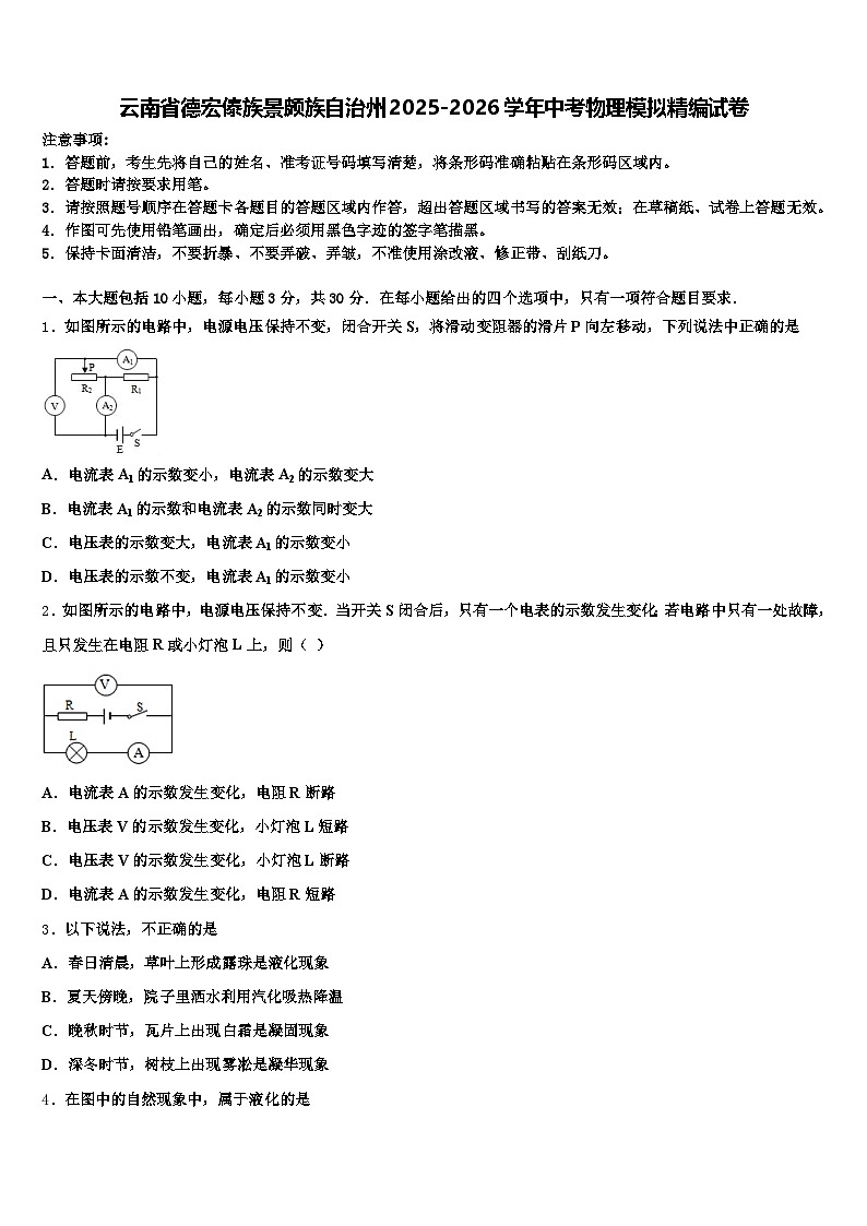 云南省德宏傣族景颇族自治州2025-2026学年中考物理模拟精编试卷（含答案解析）第1页