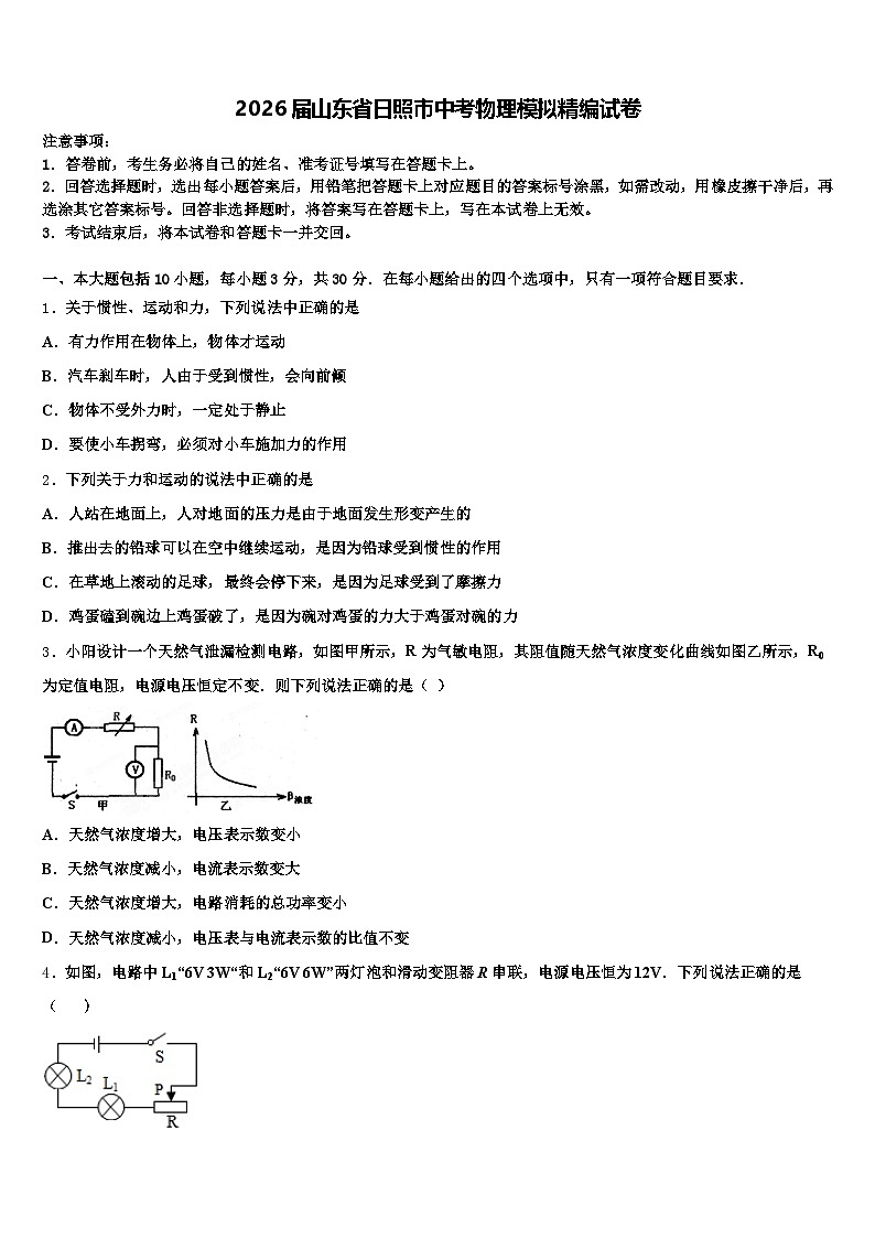 2026届山东省日照市中考物理模拟精编试卷（含答案解析）第1页