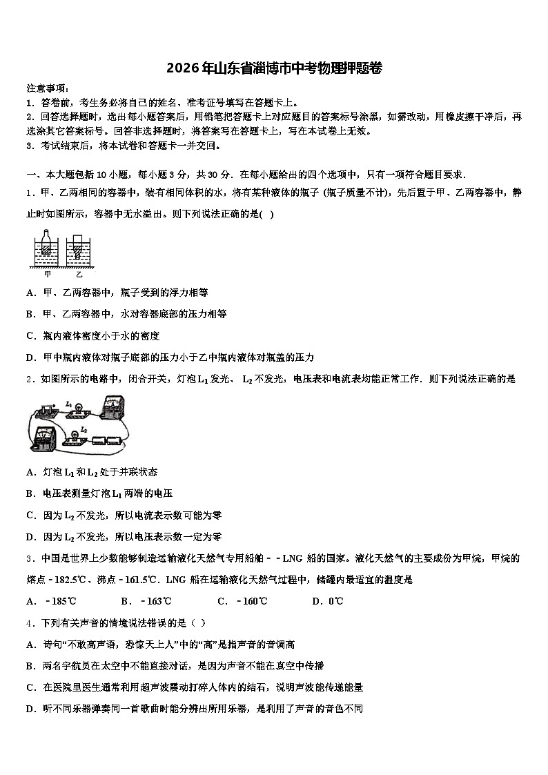 2026年山东省淄博市中考物理押题卷（含答案解析）第1页