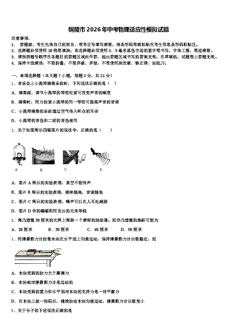 铜陵市2026年中考物理适应性模拟试题（含答案解析）第1页