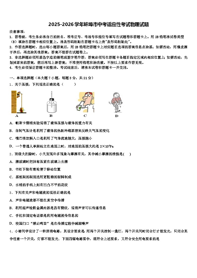 2025-2026学年蚌埠市中考适应性考试物理试题（含答案解析）第1页