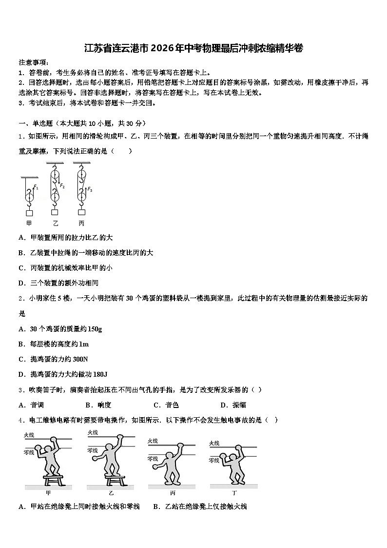 江苏省连云港市2026年中考物理最后冲刺浓缩精华卷（含答案解析）第1页