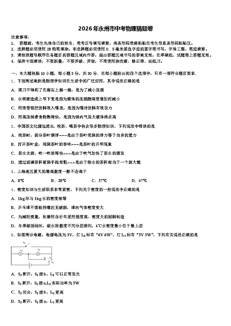 2026年永州市中考物理猜题卷（含答案解析）第1页