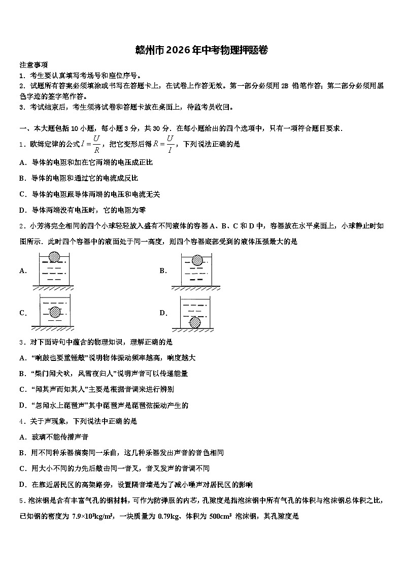 赣州市2026年中考物理押题卷（含答案解析）第1页