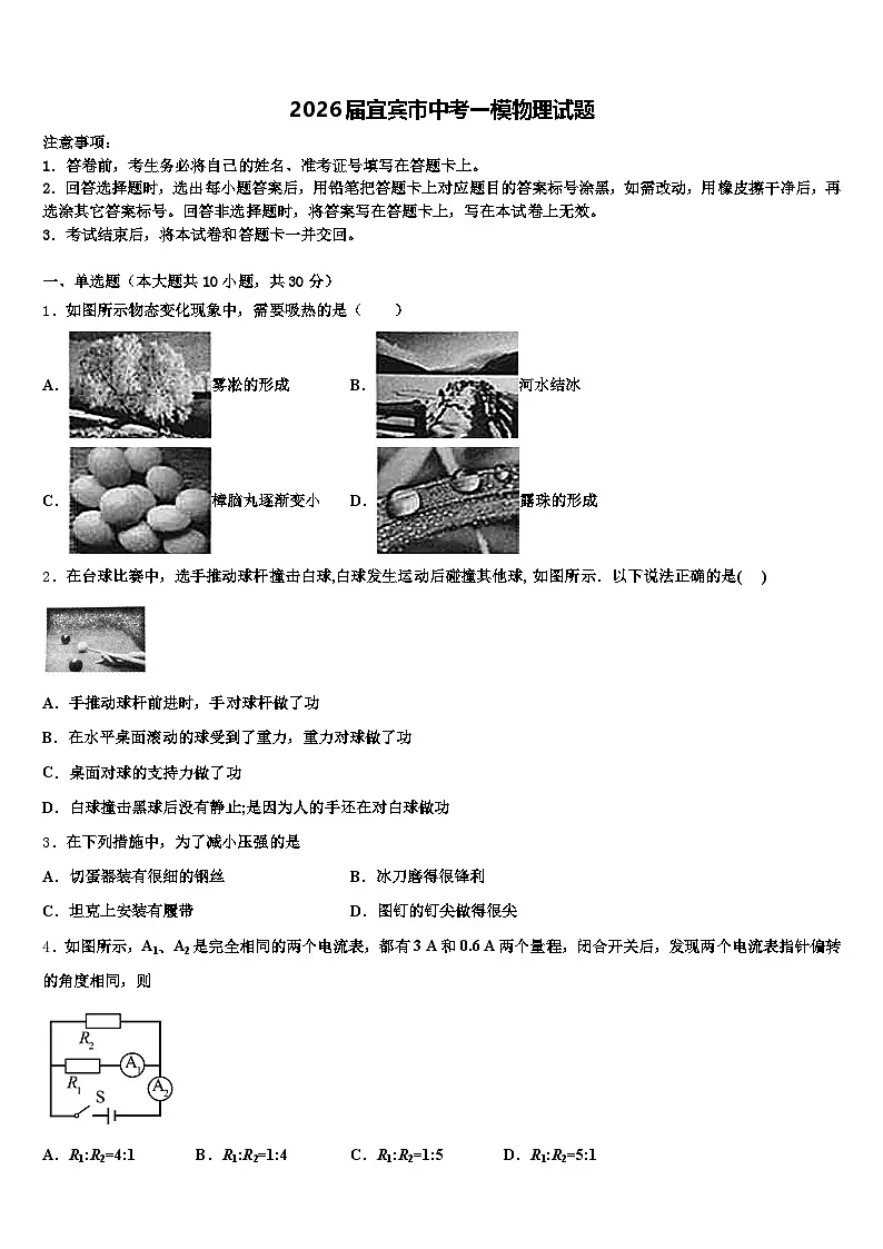 2026届宜宾市中考一模物理试题（含答案解析）第1页