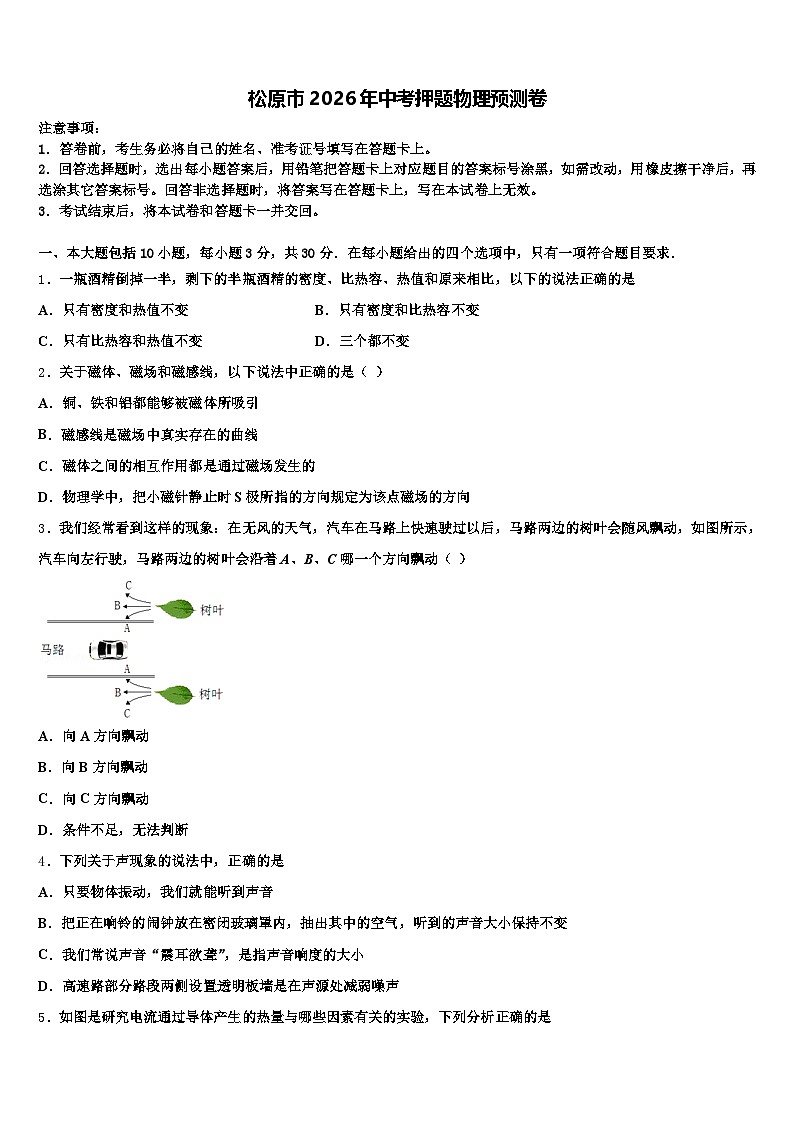 松原市2026年中考押题物理预测卷（含答案解析）第1页