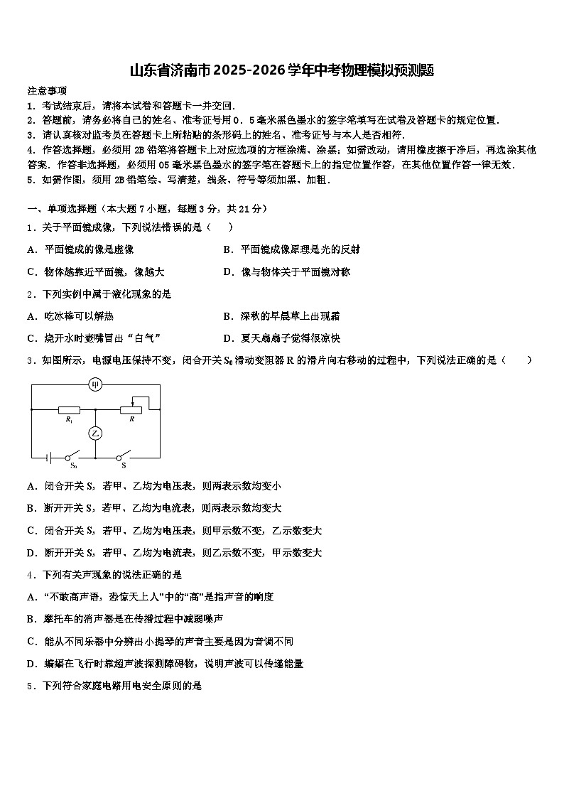山东省济南市2025-2026学年中考物理模拟预测题（含答案解析）第1页
